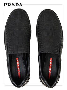 Prada Men's Black Leather with pattern Loafers 10US